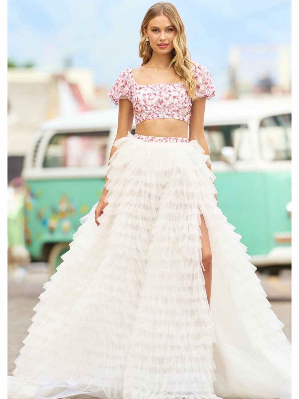 Sherri Hill Style 55557 Pink and White Floral Embellished Gown, Size 4